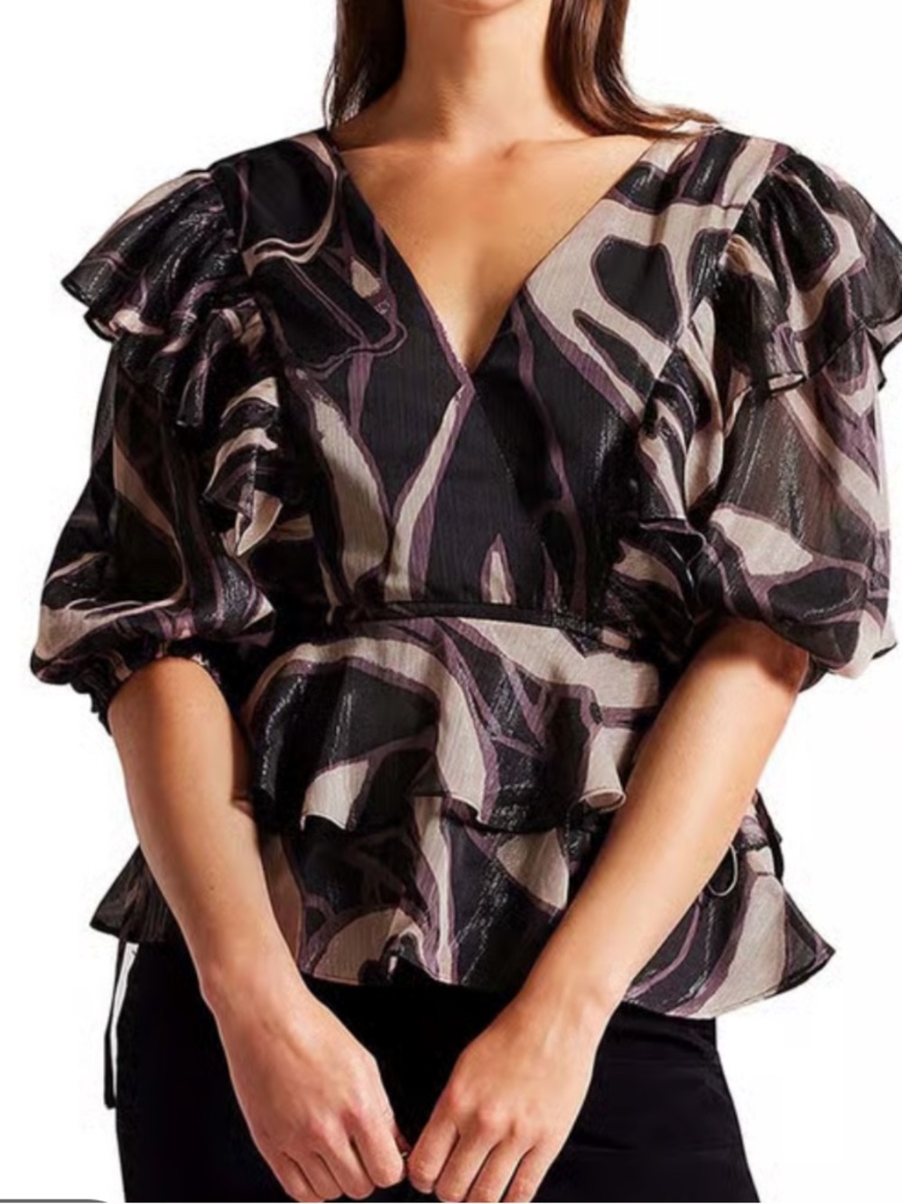 Ted baker London jasmyna metallic abstract printed ruffle tie waist top sz XS/2